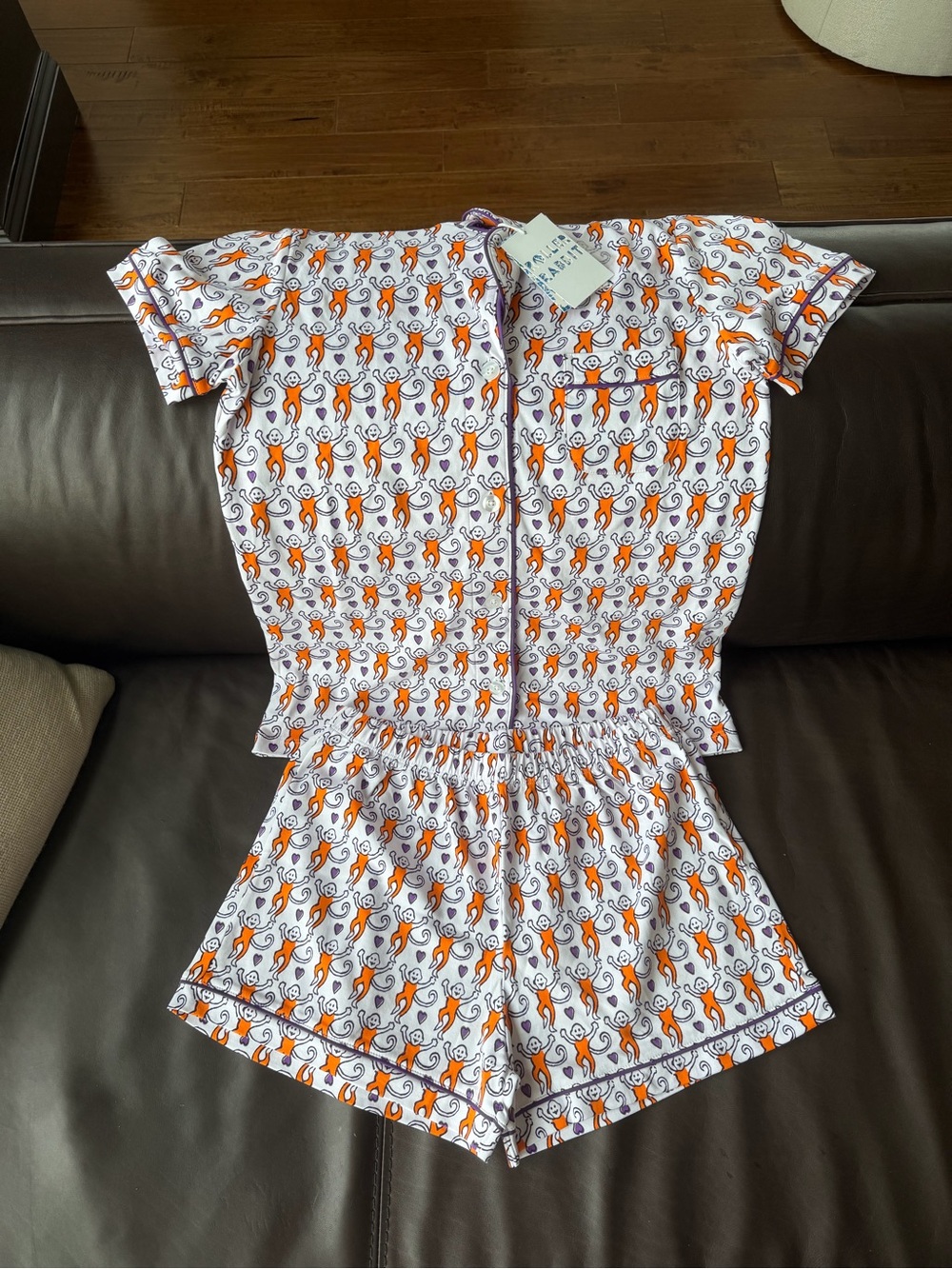 Roller Rabbit Orange Purple Monkey Print Short Pajama Set Clemson University
